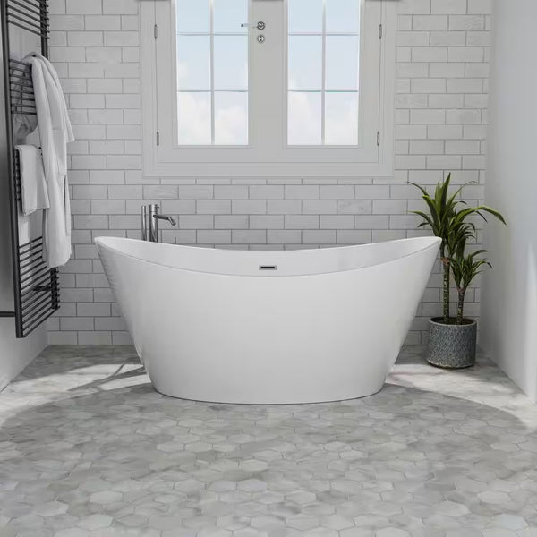 59 In. Acrylic Flatbottom Hourglass Freestanding Soaking Bathtub in White with Brushed Nickel Overflow and Drain