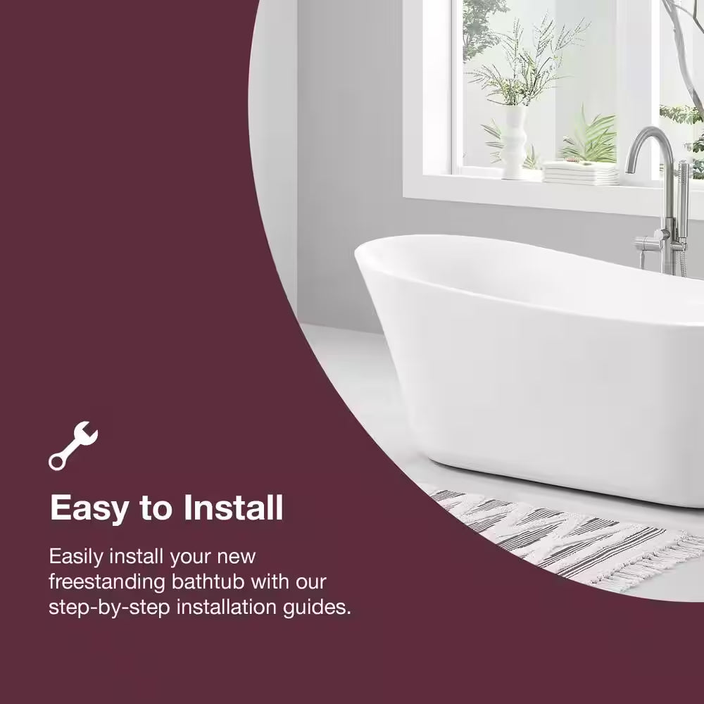 Coniston 60 In. Acrylic Freestanding Flatbottom Bathtub in White with Overflow and Drain in Brushed Nickel Included