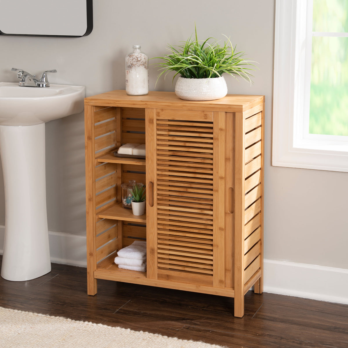 Harding 3-Shelf Dual Sliding Door Floor Cabinet, 26" Wide, Natural Bamboo Finish