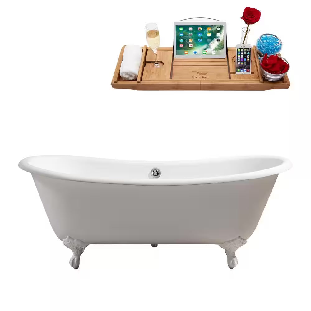 71.3 In. Cast Iron Clawfoot Non-Whirlpool Bathtub in Glossy White with Polished Chrome Drain and Glossy White Clawfeet