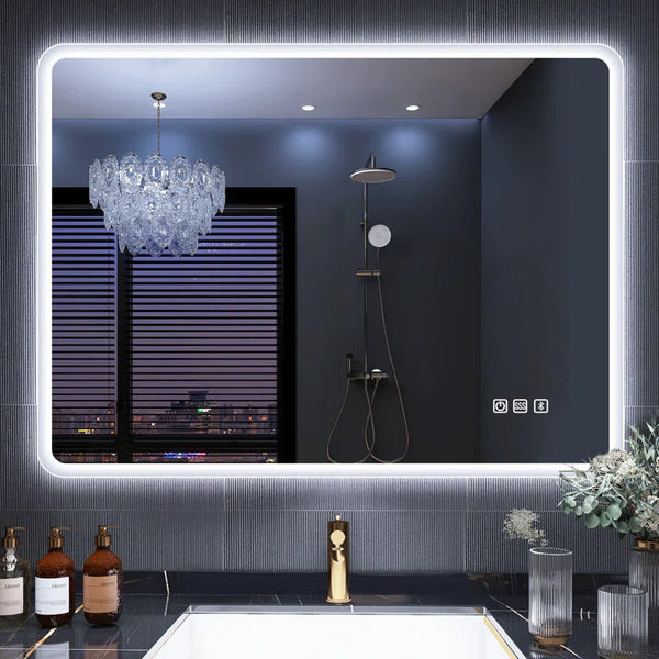 Modern Frameless LED Bathroom Mirror Frontlit and Backlit Bluetooth Adjustable 3 Color Temperature