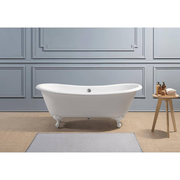 71.3 In. Cast Iron Clawfoot Non-Whirlpool Bathtub in Glossy White with Polished Chrome Drain and Glossy White Clawfeet