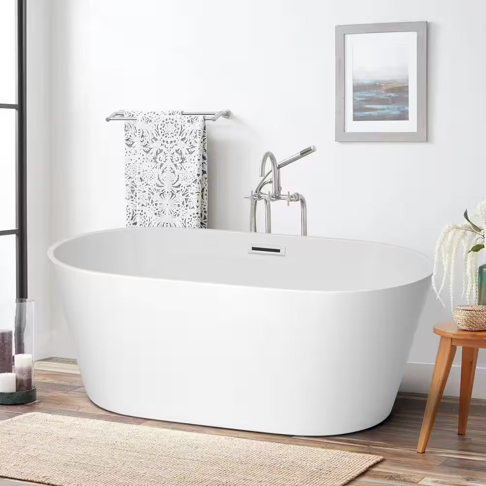 67 In. X 29 In. Acrylic Flatbottom Alcove Freestanding Soaking Bathtub in White