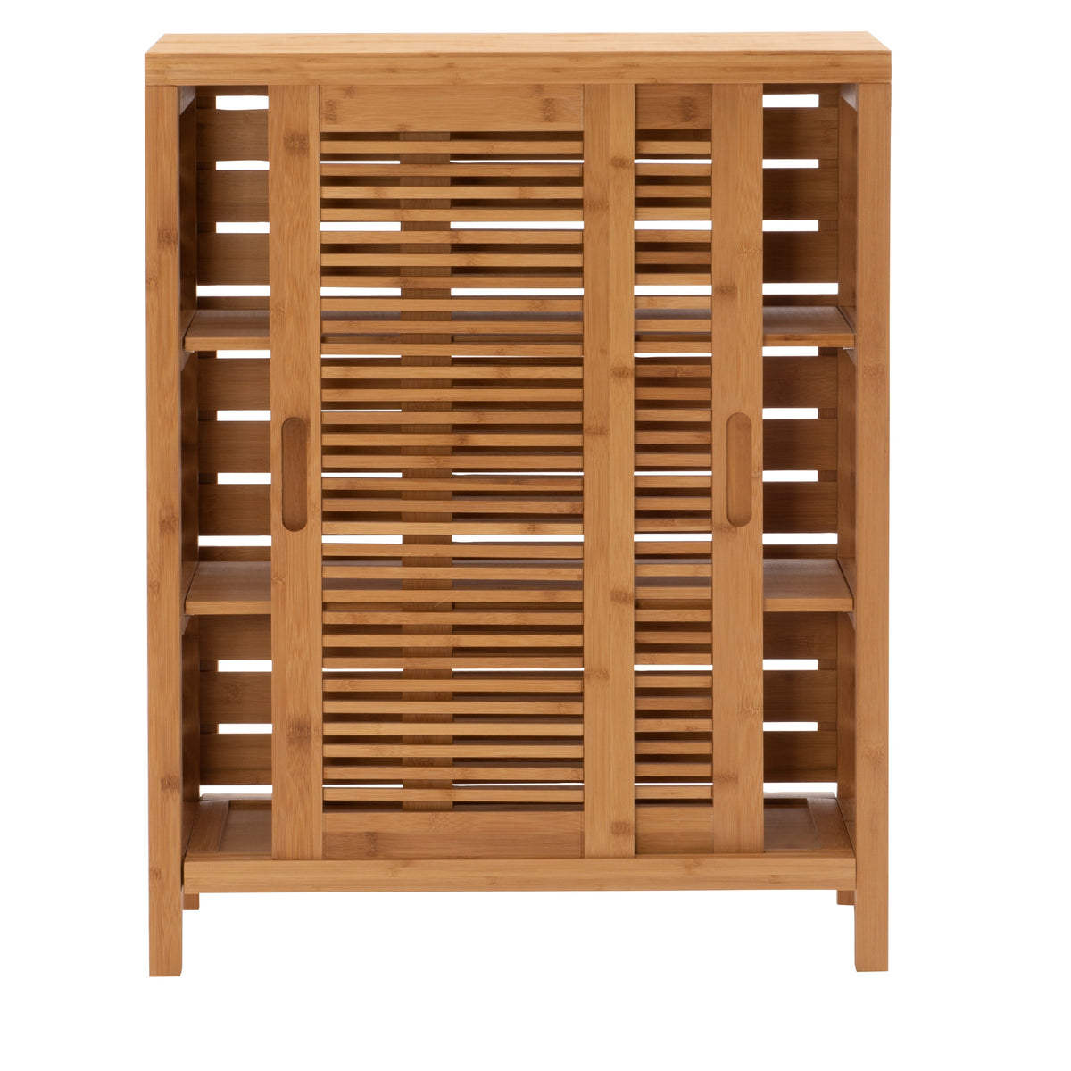 Harding 3-Shelf Dual Sliding Door Floor Cabinet, 26" Wide, Natural Bamboo Finish