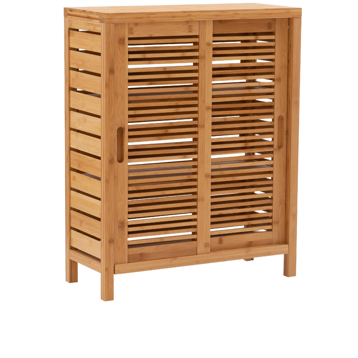 Harding 3-Shelf Dual Sliding Door Floor Cabinet, 26" Wide, Natural Bamboo Finish