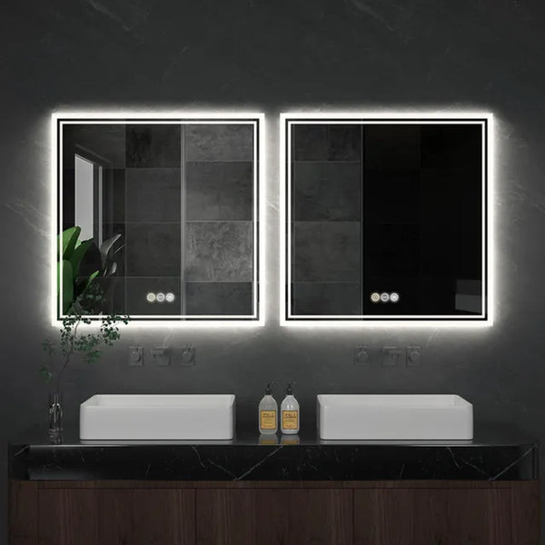 Wall Mounted Mirror for Bathroom Square LED Lighted Toilet Washroom Sink Dimming Defog Mirror for Shower Shaving Makeup