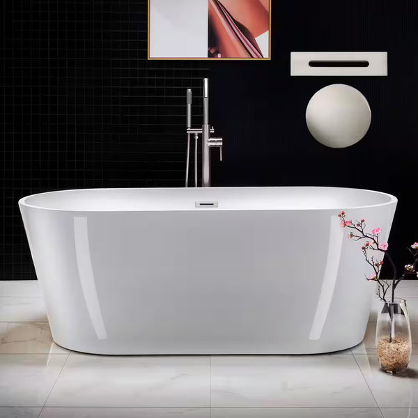 Sharyn 67 In. Acrylic Flatbottom Double Ended Bathtub with Brushed Nickel Overflow and Drain Included in White