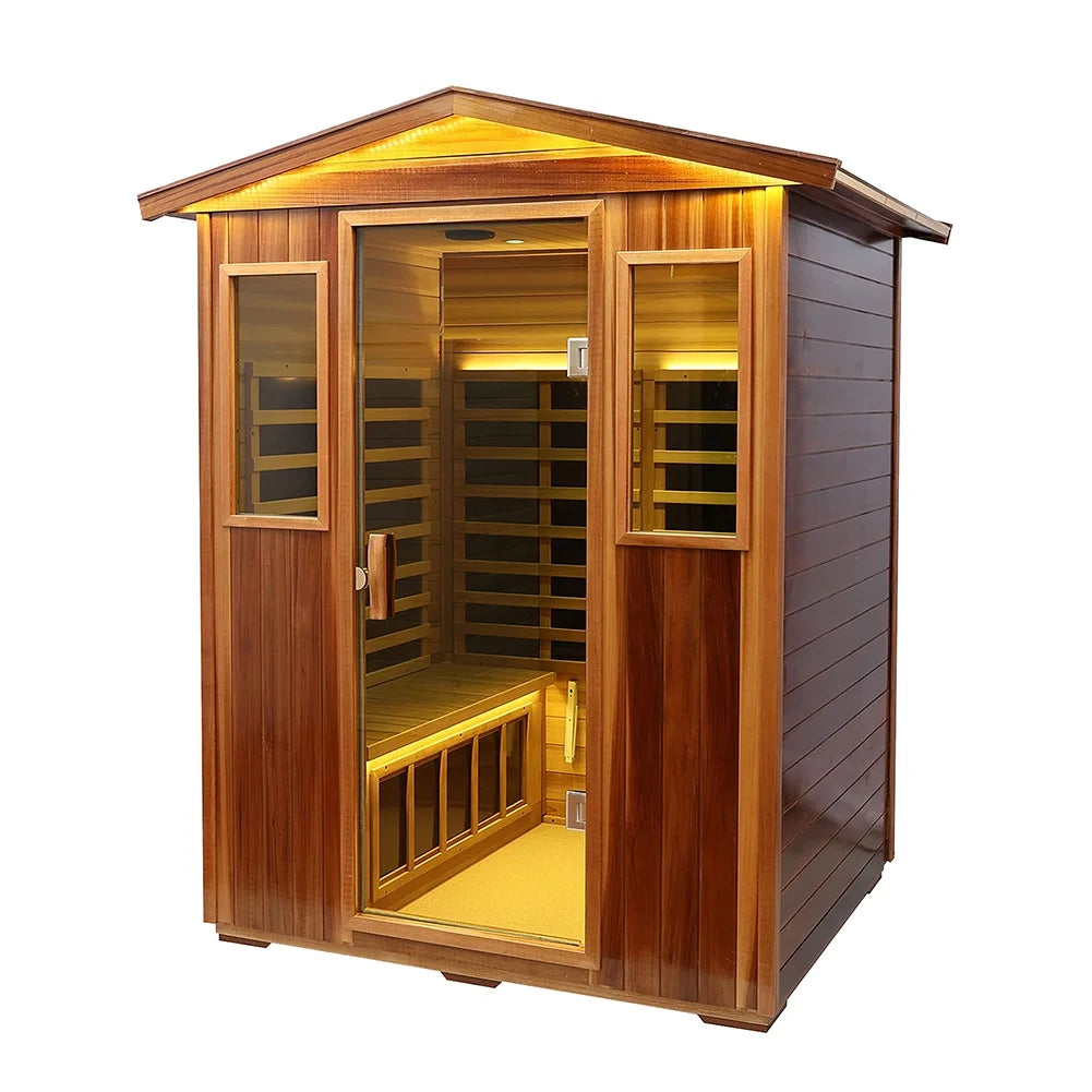 Outdoor Mahogany Sauna, 4 Person Far Sauna 2050W Wooden Sauna Spa with LED Reading Lamp