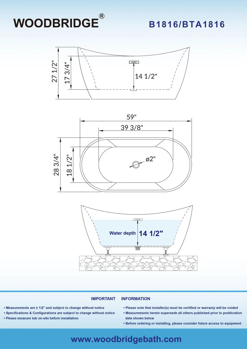 59'' X 28.75'' Freestanding Soaking Acrylic Bathtub