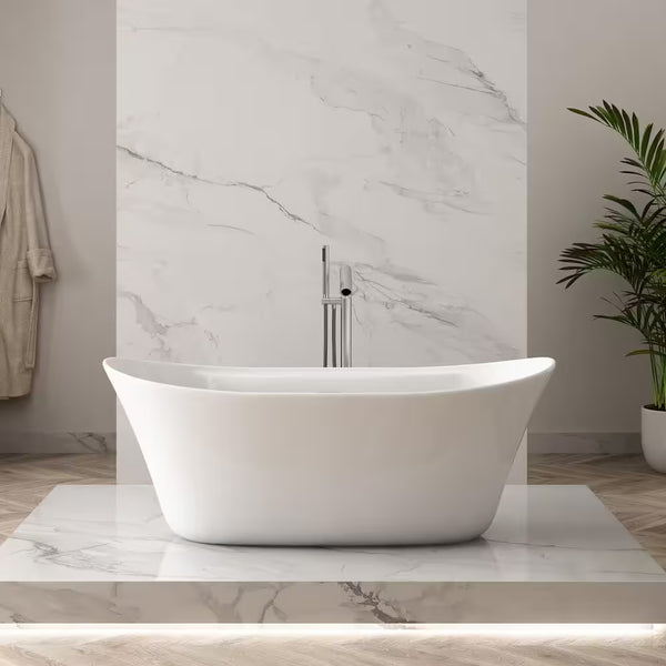 Berkel 60 In. Freestanding Flatbottom Soaking Bathtub in White with Overflow and Drain in Brushed Nickel Included