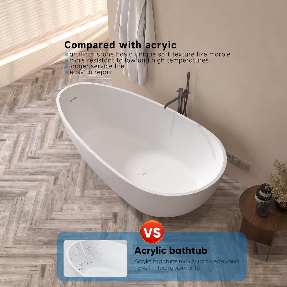 Foyil 59 In. X 31 In. Solid Surface Stone Resin Flatbottom Freestanding Bathtub Soaking Bathtub in Matte White