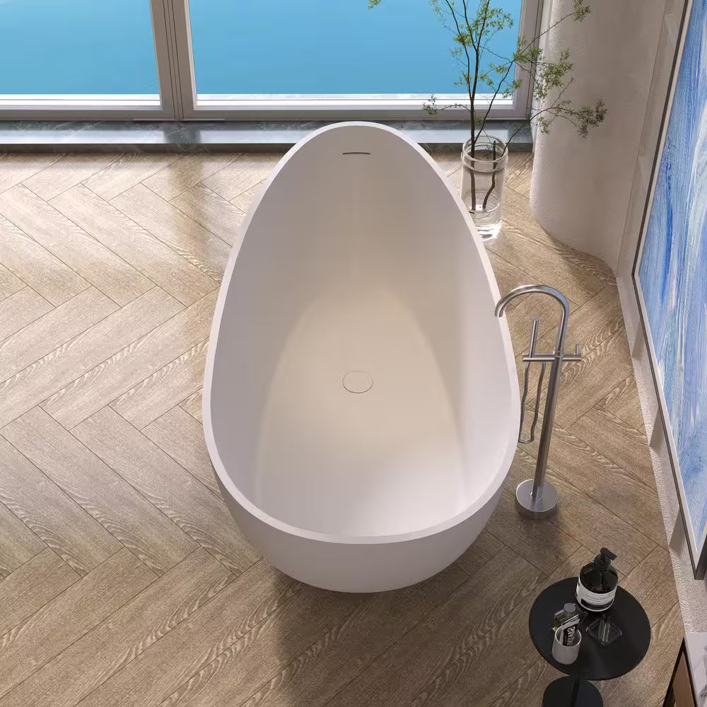 Foyil 59 In. X 31 In. Solid Surface Stone Resin Flatbottom Freestanding Bathtub Soaking Bathtub in Matte White