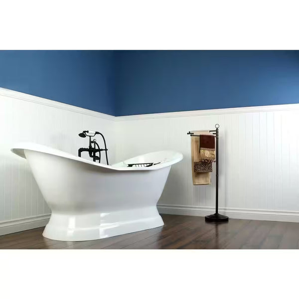 72 In. Cast Iron Pedestal Double Slipper Flatbottom Bathtub in White with 7 In. Deck Holes