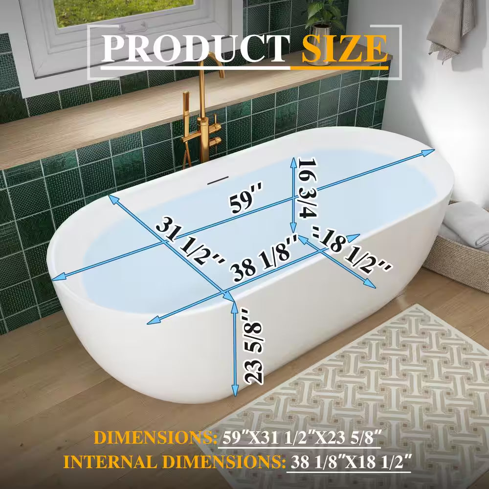 59 In. X 31.5 In. Acrylic Freestanding Flatbottom Double Ended Soaking Bathtub in White