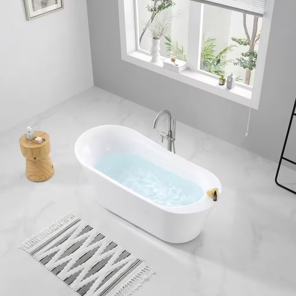 Coniston 60 In. Acrylic Freestanding Flatbottom Bathtub in White with Overflow and Drain in Brushed Nickel Included