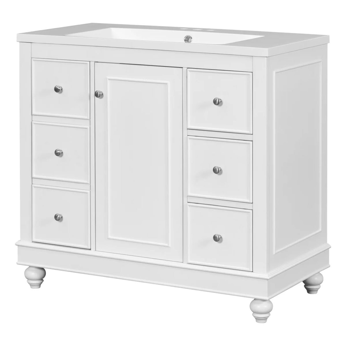 36 Inch Bathroom Vanity with Sink, Bathroom Sink Vanity with Adjustable Shelves and 4 Drawers, Built-In Soft Closing Doors, Freestanding Bathroom Vanity Cabinet for Bathroom, White