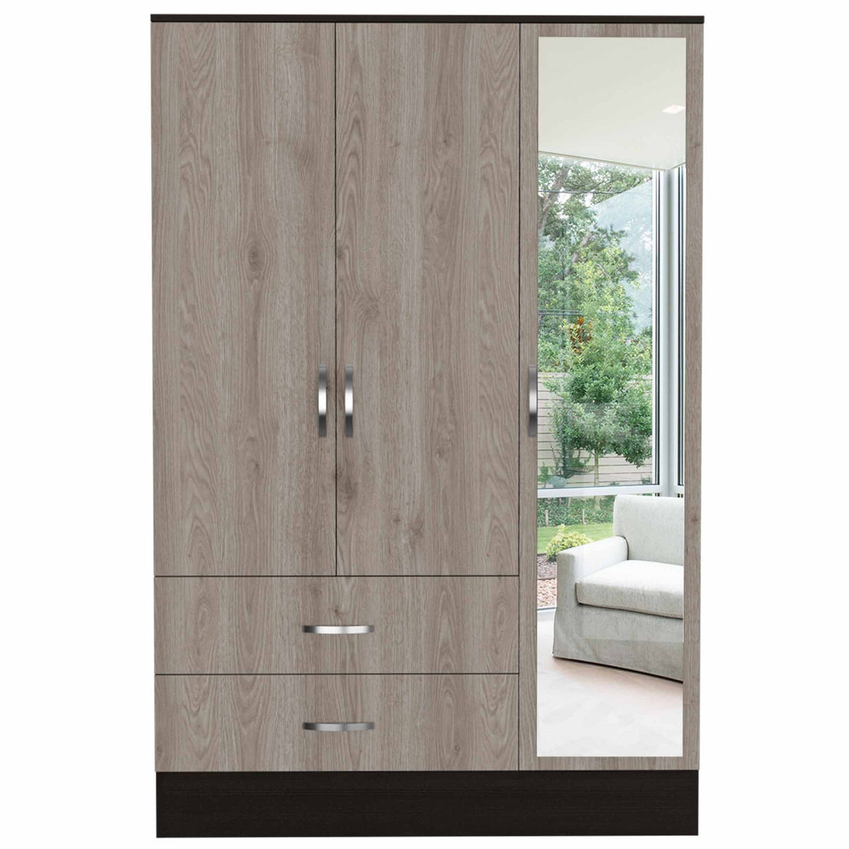 Mirrored Armoire Draggo, Double Door Cabinet, Two Drawers , Rods, Black Wengue/ Light Gray Finish