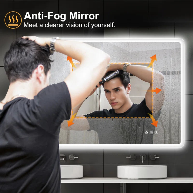 Modern Frameless LED Bathroom Mirror Frontlit and Backlit Bluetooth Adjustable 3 Color Temperature