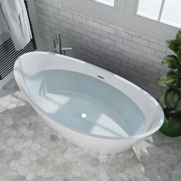 67 In. Luxury Freestanding Bathtub Stand Alone Flatbottom Acrylic Soaking SPA Tub Modern Style in White