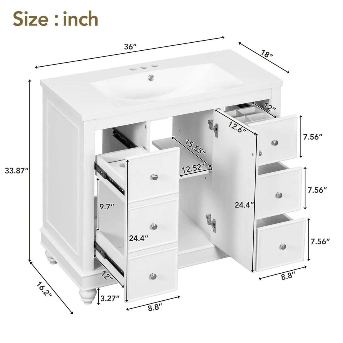 36 Inch Bathroom Vanity with Sink, Bathroom Sink Vanity with Adjustable Shelves and 4 Drawers, Built-In Soft Closing Doors, Freestanding Bathroom Vanity Cabinet for Bathroom, White