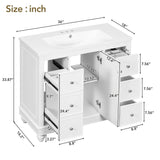 36 Inch Bathroom Vanity with Sink, Bathroom Sink Vanity with Adjustable Shelves and 4 Drawers, Built-In Soft Closing Doors, Freestanding Bathroom Vanity Cabinet for Bathroom, White