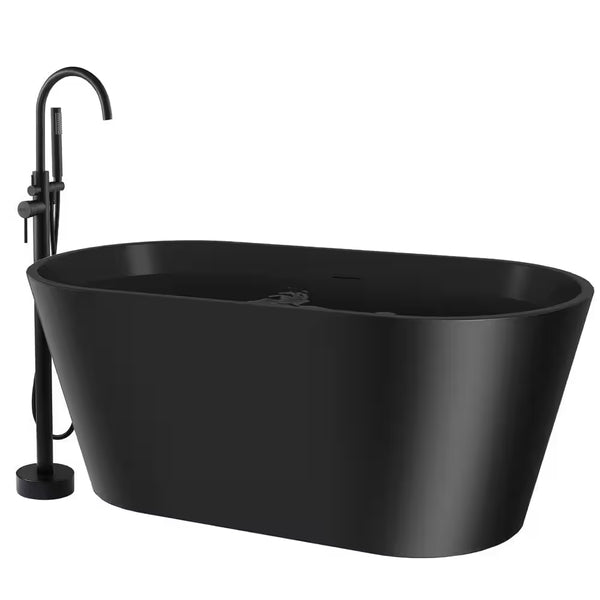 60 In. Fiberglass Freestanding Flat Bottom Non-Whirlpool Bathtub in Matte Black with Tub Filler Combo