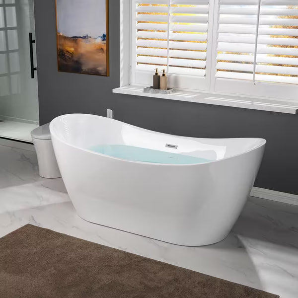 Saber 67 In. Acrylic Flatbottom Double Slipper Bathtub with Brushed Nickel Overflow and Drain Included in White