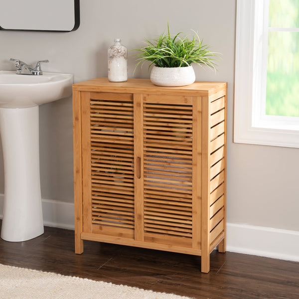 Harding 3-Shelf Dual Sliding Door Floor Cabinet, 26" Wide, Natural Bamboo Finish