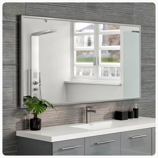 Sax 60 In. W X 30 In. H Framed Rectangular Bathroom Vanity Mirror in Brushed Silver