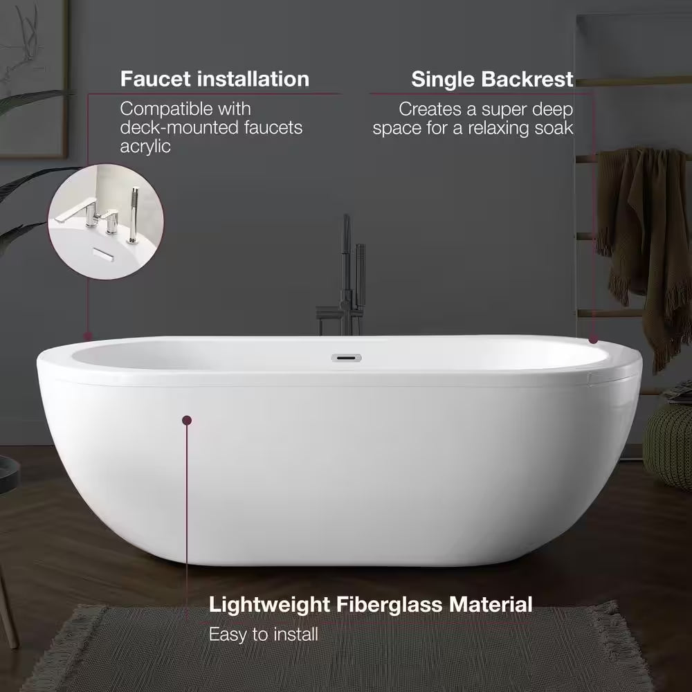 Brockville 71 In. Freestanding Flatbottom Double-Slipper Soaking Bathtub with Center Drain in White