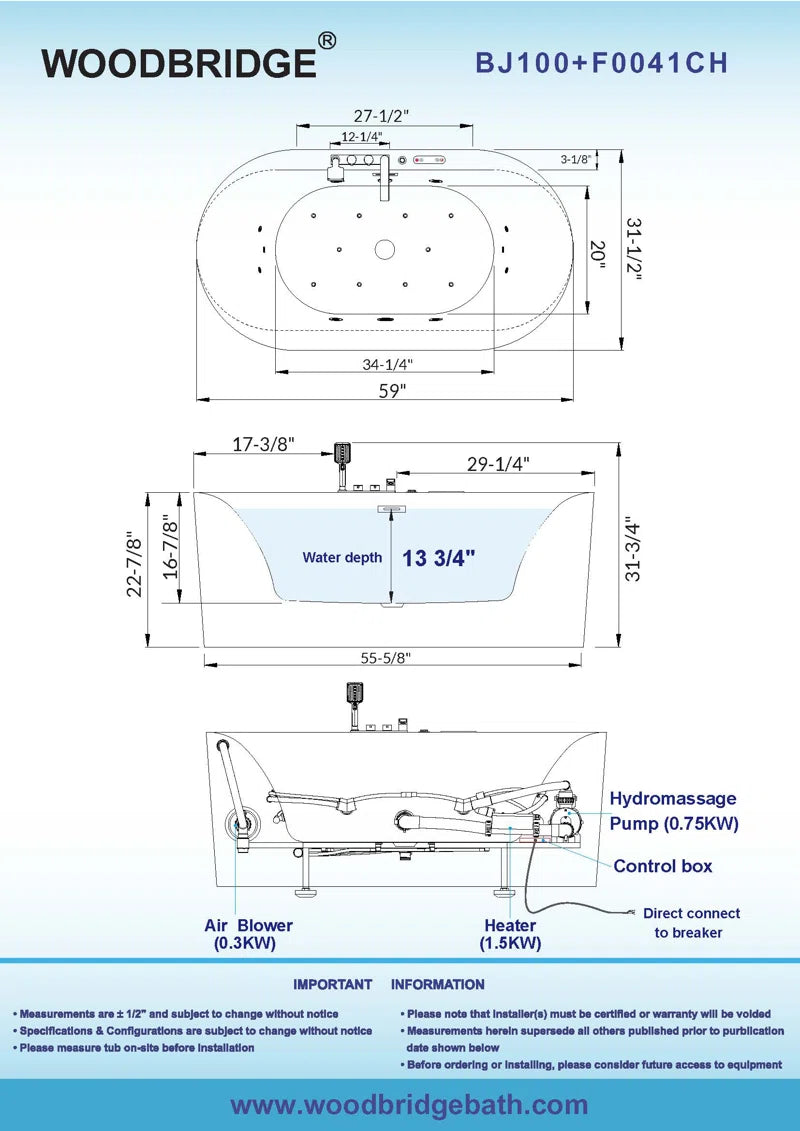 59" X 31.5" Whirlpool Water Jetted & Air Bubble Heated Soaking Combination Bathtub with Tub Filler