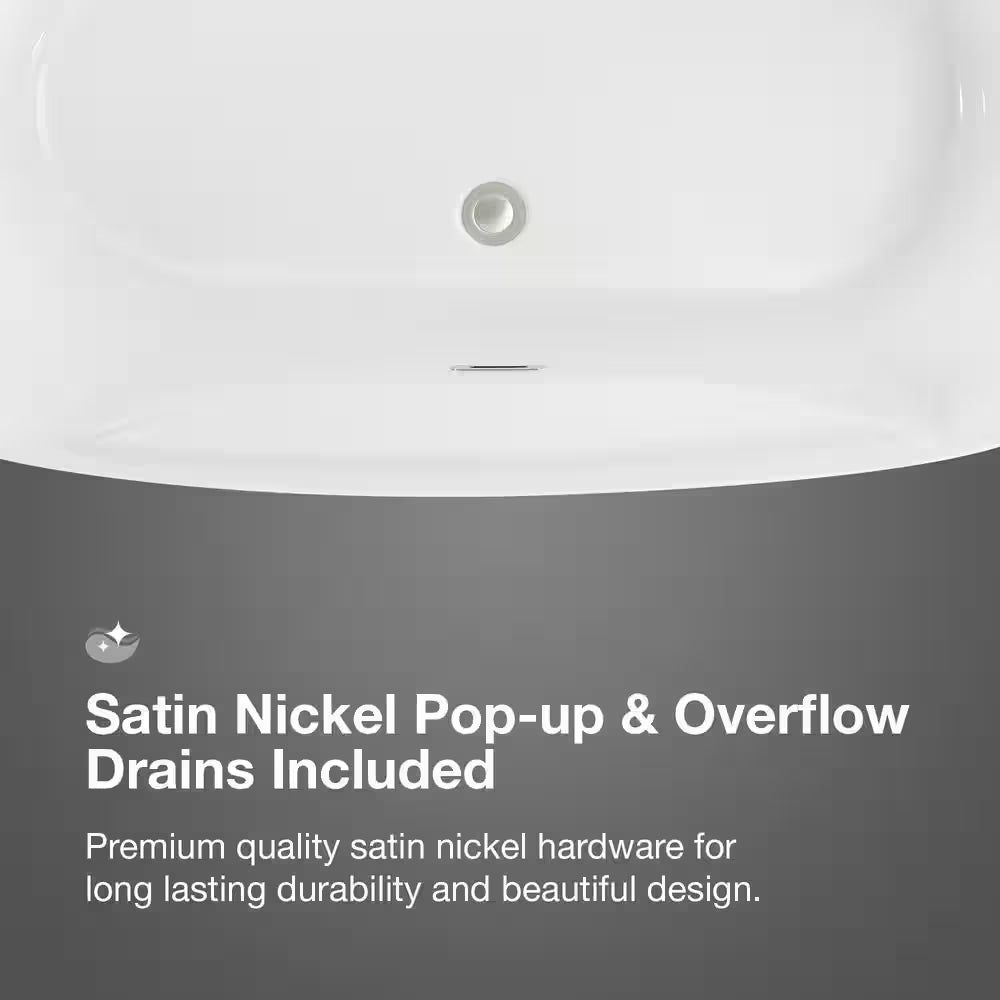 Berkel 60 In. Freestanding Flatbottom Soaking Bathtub in White with Overflow and Drain in Brushed Nickel Included