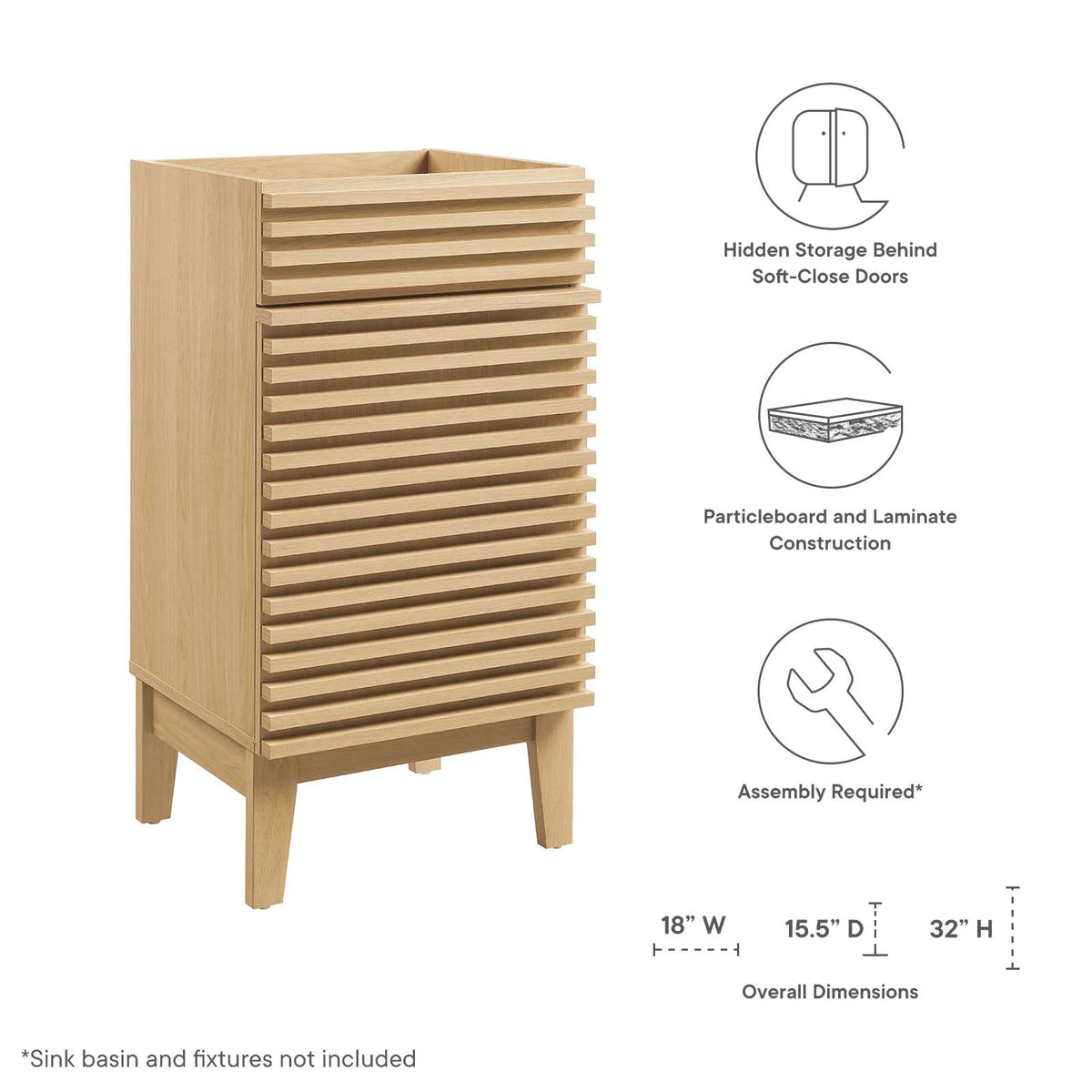 Render 18" Bathroom Vanity Cabinet (Sink Basin Not Included) in Oak