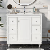 36 Inch Bathroom Vanity with Sink, Bathroom Sink Vanity with Adjustable Shelves and 4 Drawers, Built-In Soft Closing Doors, Freestanding Bathroom Vanity Cabinet for Bathroom, White