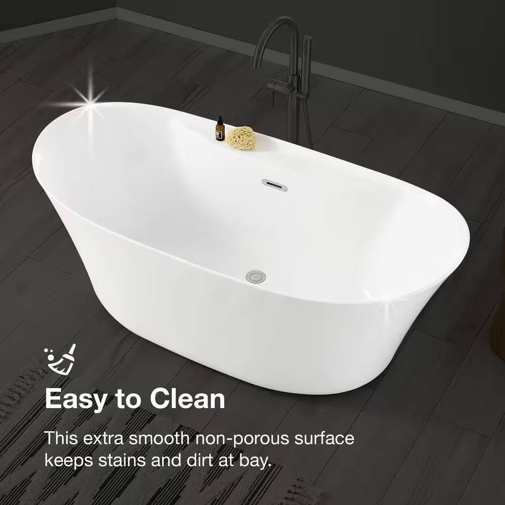 Berkel 60 In. Freestanding Flatbottom Soaking Bathtub in White with Overflow and Drain in Brushed Nickel Included