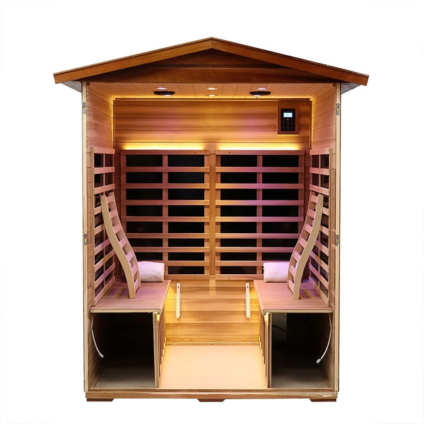 Outdoor Mahogany Sauna, 4 Person Far Sauna 2050W Wooden Sauna Spa with LED Reading Lamp