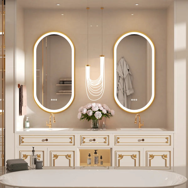 Luxury Oval Led Illuminated Bathroom Mirror Gold Aluminum Frame with Demister Pad