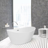 59 In. Acrylic Flatbottom Hourglass Freestanding Soaking Bathtub in White with Brushed Nickel Overflow and Drain