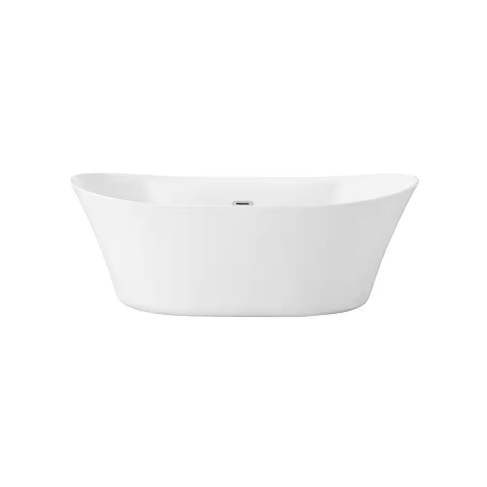 Berkel 60 In. Freestanding Flatbottom Soaking Bathtub in White with Overflow and Drain in Brushed Nickel Included