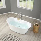 Berkel 60 In. Freestanding Flatbottom Soaking Bathtub in White with Overflow and Drain in Brushed Nickel Included