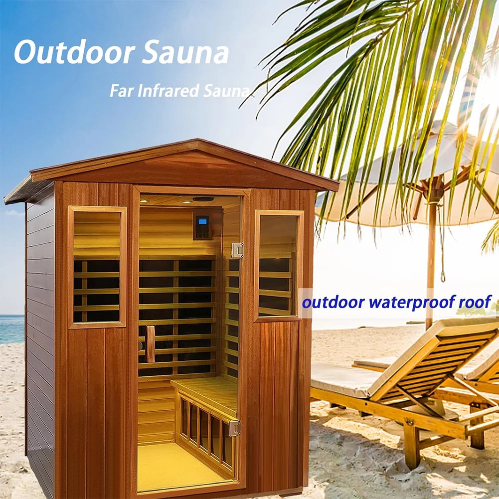 Outdoor Mahogany Sauna, 4 Person Far Sauna 2050W Wooden Sauna Spa with LED Reading Lamp