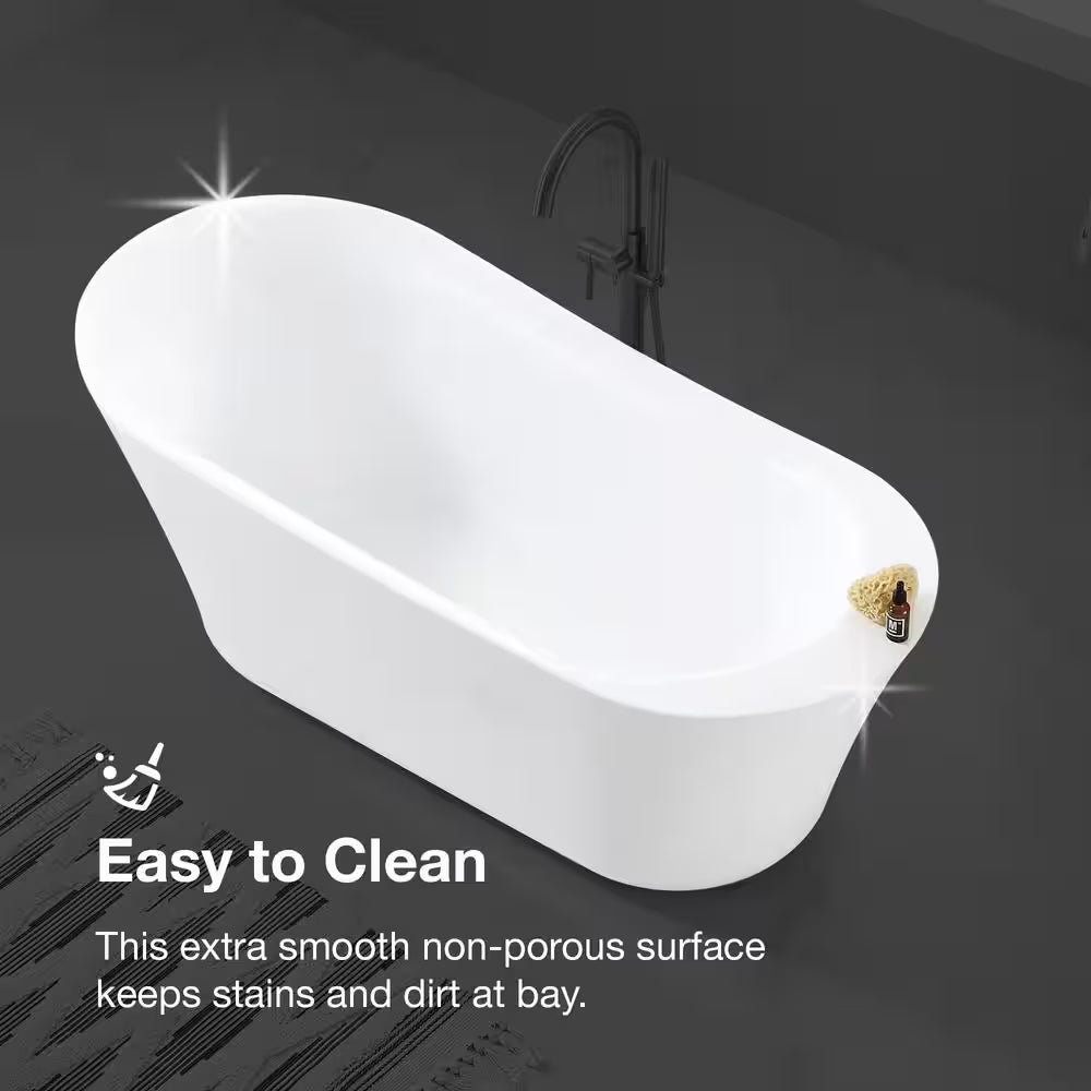 Coniston 60 In. Acrylic Freestanding Flatbottom Bathtub in White with Overflow and Drain in Brushed Nickel Included