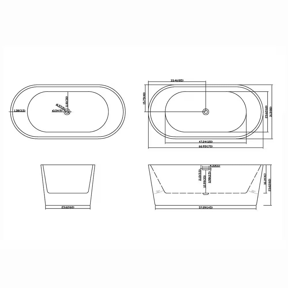 67 In. X 29 In. Acrylic Flatbottom Alcove Freestanding Soaking Bathtub in White